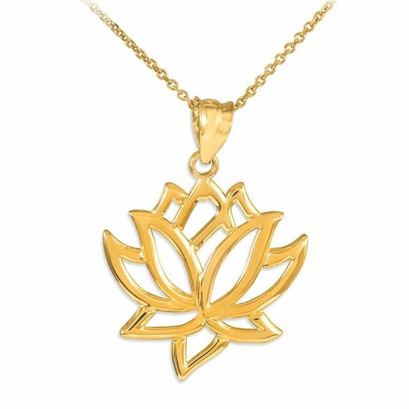 Solid 10k Real Gold Lotus Flower Buddhism Necklace